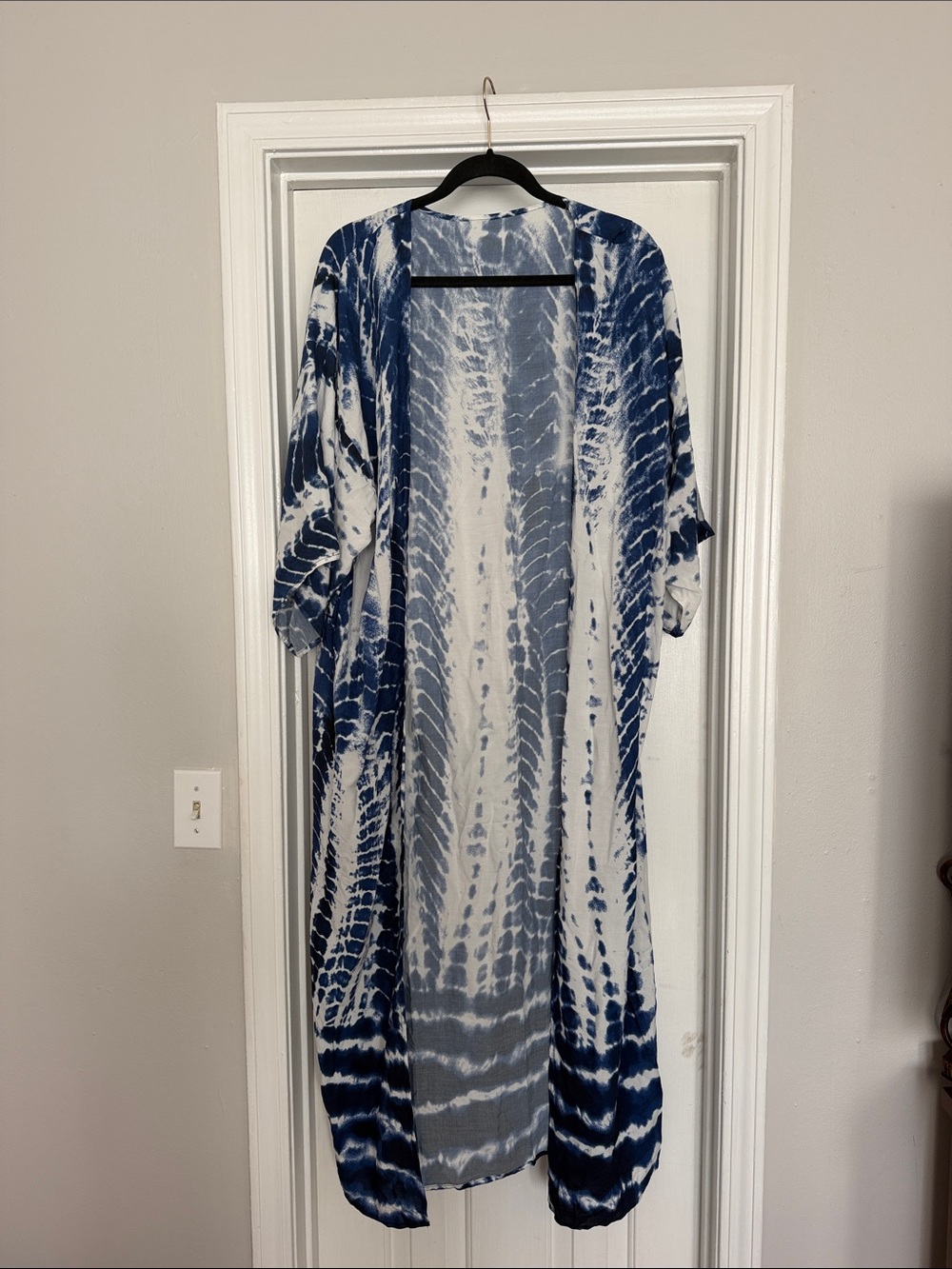 Tie-Dye Open Front Kimono Duster - Navy and White